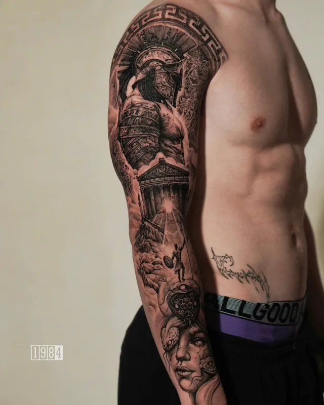 1984 studio - Blackwork- Greek Mythology - Full Hand