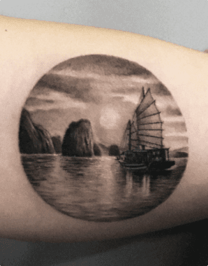 blackwork landscape tattoo