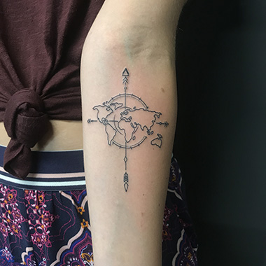 world map and compass tattoo