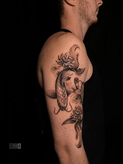 1984 Studio - Koi Fish & Lotus - Blackwork - Arm