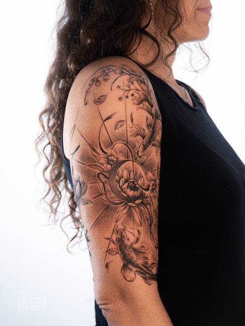 Blackwork - Fish and Flowers - Arm 